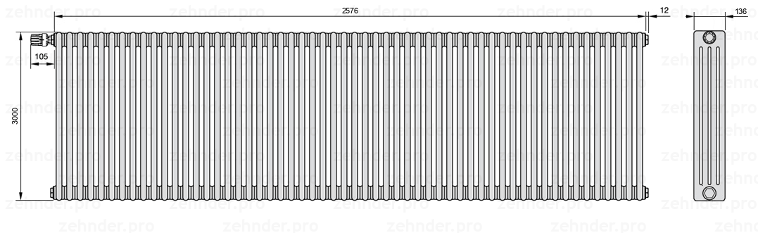 Схема (чертеж) Радиатор Zehnder Charleston 4300/56 №V012 Белый глянцевый RAL 9016